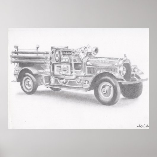 Brandweerwagen potloodschets grote herdruk poster (Voorkant)