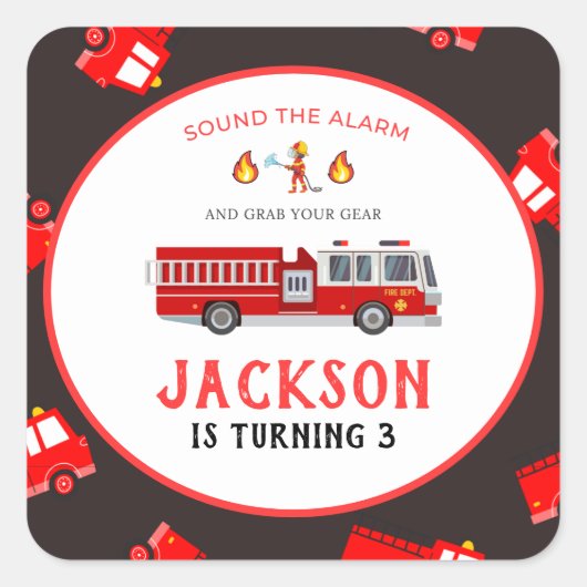 Brandweerwagen Verjaardag Vierkante Sticker (Voorkant)