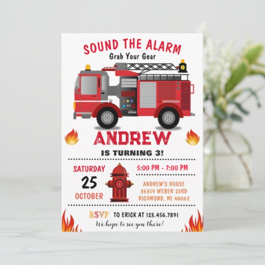 Brandweerwagen Verjaardagsfeest voor jongen Kaart (Staand voorkant)