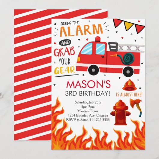 Brandweerwagen Verjaardagsfeestje Uitnodigen Kaart (Voorkant / Achterkant)