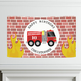 Brandweerwagen Vlammen Brick Verjaardag Spandoek