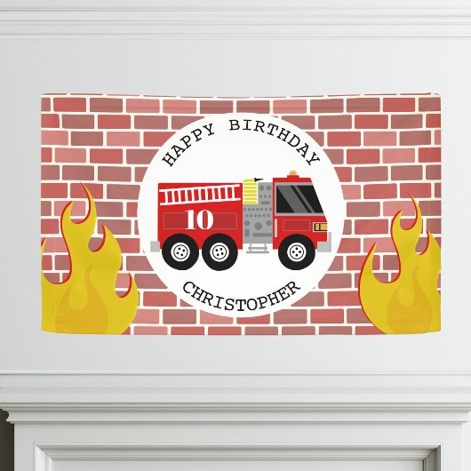 Brandweerwagen Vlammen Brick Verjaardag Spandoek