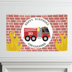 Brandweerwagen vliegt op brick Birthday Spandoek