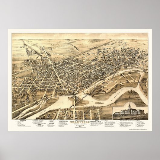 Brantford, ON, Canada Panoramic Map - 1875 Poster (Voorkant)