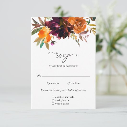 Branzend Oranje Bourgogne Floral Rustic Meal Weddi RSVP Kaartje (Staand voorkant)