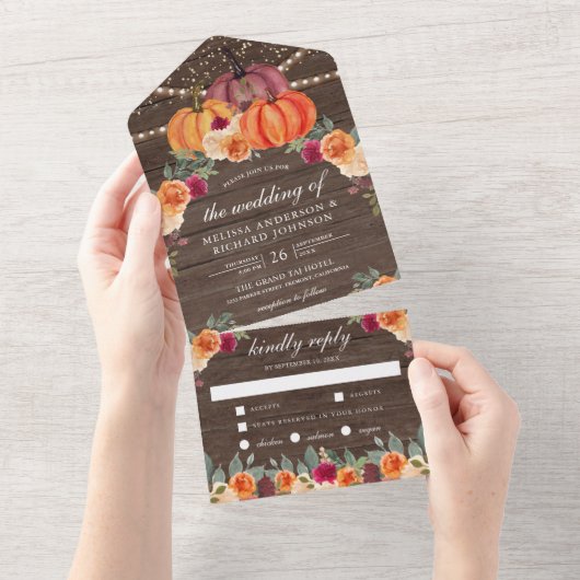 Branzend Sinaasappel Burgundy Floral Pumpkin Wood  All In One Uitnodiging (Afscheurbaar)