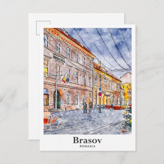 Brasov Roemenië Travel Waterverf Hand getekend Briefkaart (Voorkant / Achterkant)