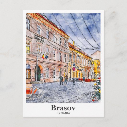 Brasov Roemenië Travel Waterverf Hand getekend Briefkaart (Voorkant)