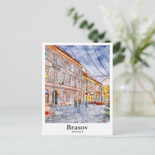 Brasov Roemenië Travel Waterverf Hand getekend Briefkaart (Staand voorkant)