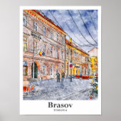 Brasov Roemenië Travel Waterverf Hand getekend Poster (Voorkant)