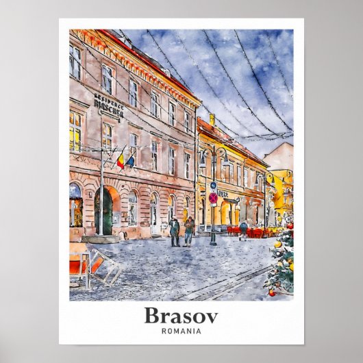 Brasov Roemenië Travel Waterverf Hand getekend Poster (Voorkant)