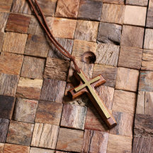 Brass en Brown Wooden Christelijk Cross Ketting