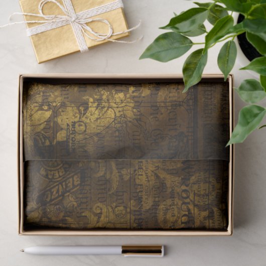  Brass Gold Grunge Damask Script Tissuepapier (Geschenk)