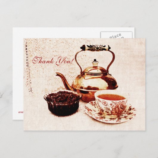 brass tea-pot, een kopje thee en jam tank u briefkaart (Voorkant / Achterkant)