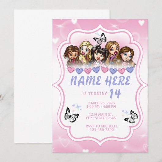 Brat Doll Airbrush verjaardagsuitnodiging Kaart (Voorkant / Achterkant)