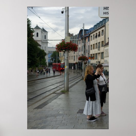 Bratislava Cathedral and Red Tram Street Scene Poster (Voorkant)