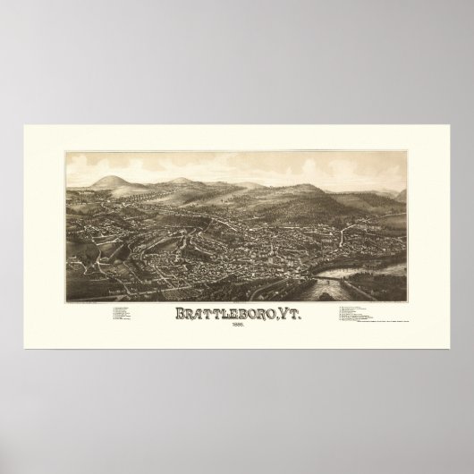 Brattleboro, VT Panorama Map - 1886 Poster (Voorkant)