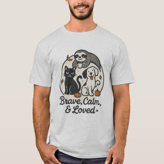 Brave, Calm & Loved — Cute Animal Trio Halloween T-shirt (Voorkant)