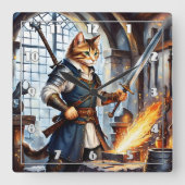 Brave Cat Blacksmith Forging een zwaard in Worksho Vierkante Klok (Voorkant)