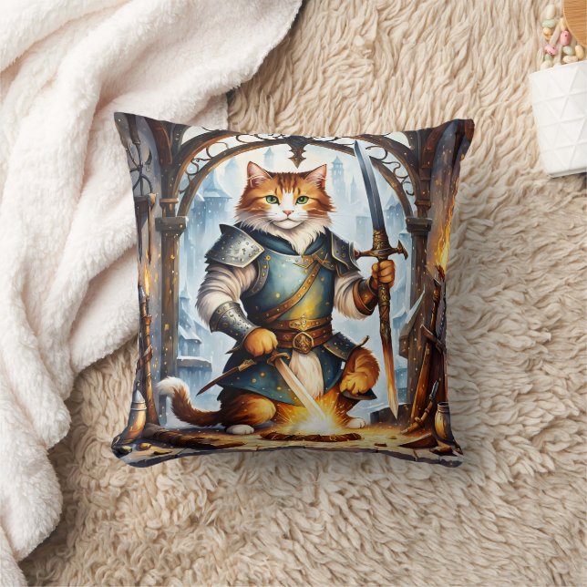 Brave Cat Knight Forging Zwaarden in Fantasy Forge Kussen (Deken)