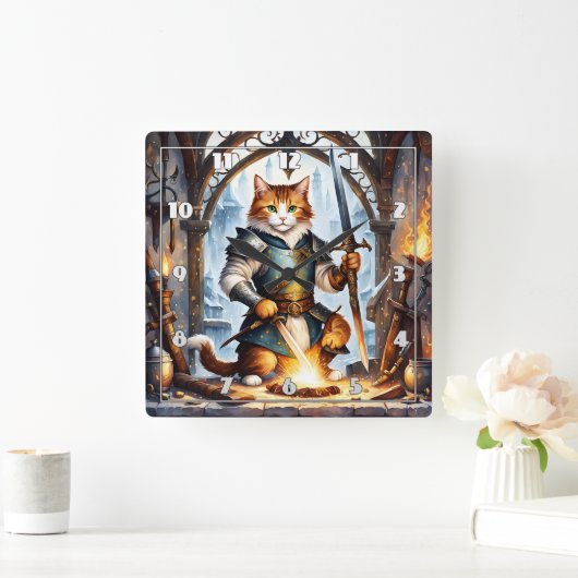 Brave Cat Knight Forging Zwaarden in Fantasy Forge Vierkante Klok (Huis)