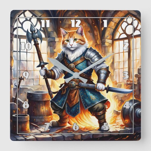 Brave Cat Knight in een middeleeuwse setting Vierkante Klok (Voorkant)