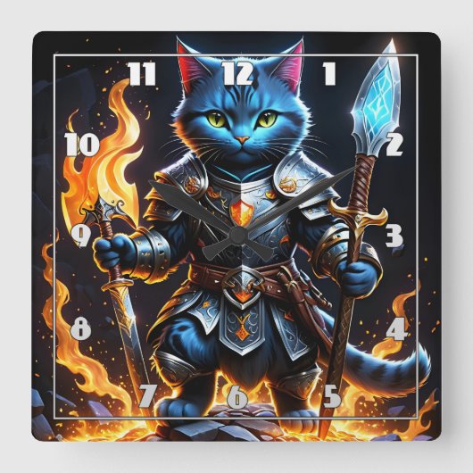 Brave Feline Knight voor Fiery Fantasy Vierkante Klok (Voorkant)