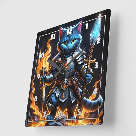 Brave Feline Knight voor Fiery Fantasy Vierkante Klok (Hoek)