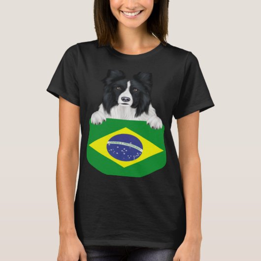 Brazil Flag Border Collie Dog In Pocket T-shirt (Voorkant)