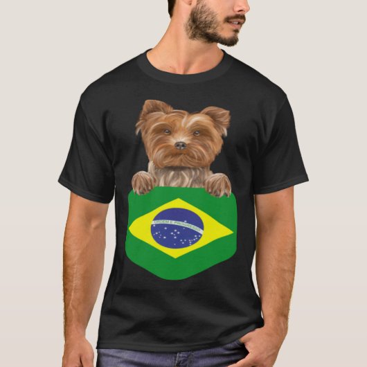Brazil Flag Yorkshire Terrier Dog In Pocket T-shirt (Voorkant)