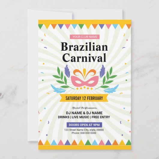 Braziliaanse Carnival Party Flyer Kaart (Voorkant)