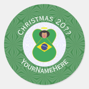 Braziliaanse kerst engel vlag gepersonaliseerd ronde sticker