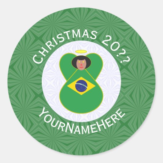 Braziliaanse kerst engel vlag gepersonaliseerd ronde sticker (Voorkant)