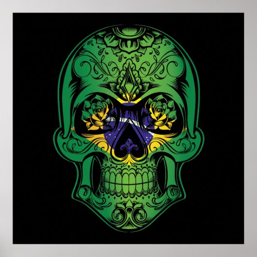 Braziliaanse schedel en Rozen vlag Poster (Voorkant)