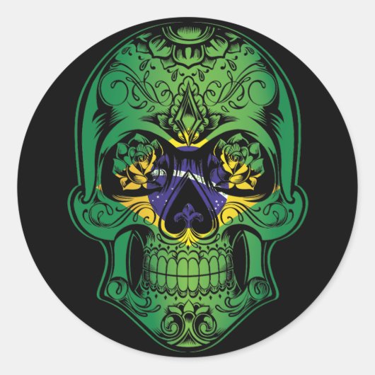 Braziliaanse schedel en Rozen vlag Ronde Sticker (Voorkant)