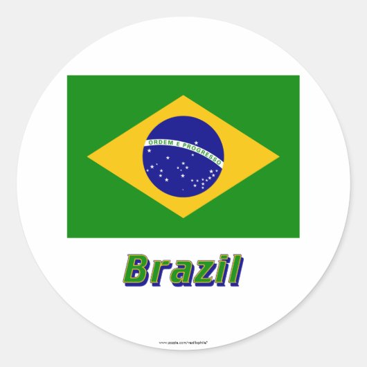 Braziliaanse vlag met naam ronde sticker (Voorkant)