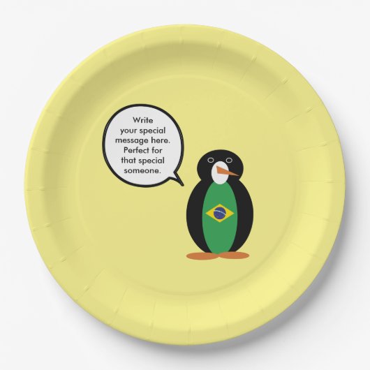 Braziliaanse vlag Pratende mevrouw Penguin geperso Papieren Bordje (Voorkant)