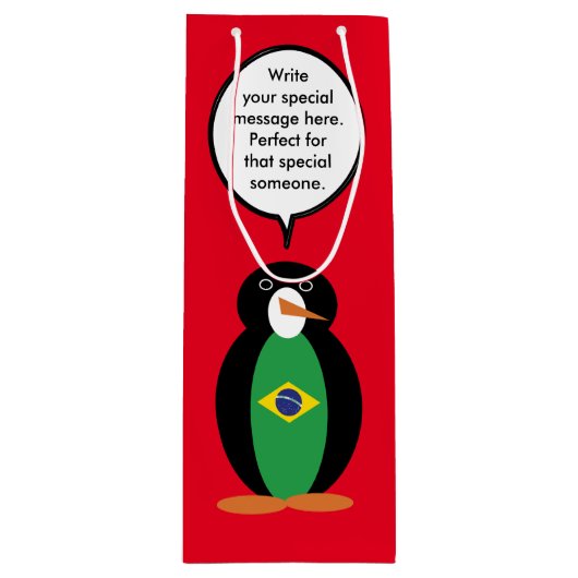 Braziliaanse vlag Pratende mevrouw Penguin geperso Wijn Cadeautas (Voorkant)