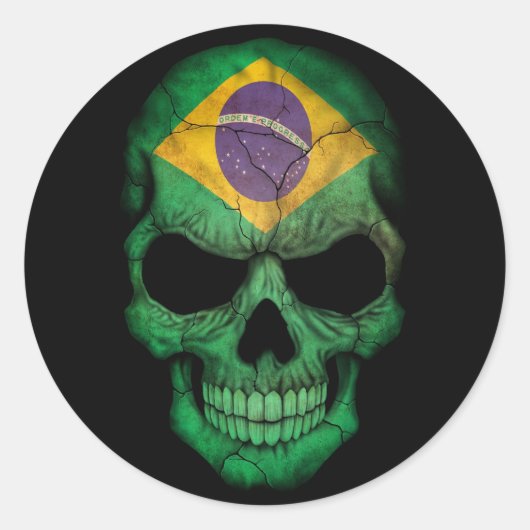 Braziliaanse vlag schedel op zwart ronde sticker (Voorkant)