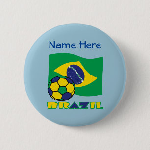 Braziliaanse vlag Voetbal Blauw Personalisatie Ronde Button 5,7 Cm