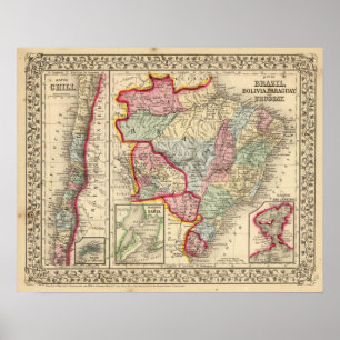 Brazilië, Bolivia, Paraguay, Uruguay-kaart door Mi Poster