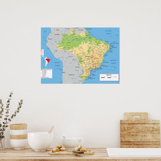 " Brazilië: Fysieke KAART ... Poster (Keuken)