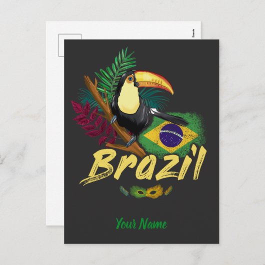 Brazilië  Toucan met vlag en masker van Samba Feestdagenkaart (Voorkant / Achterkant)