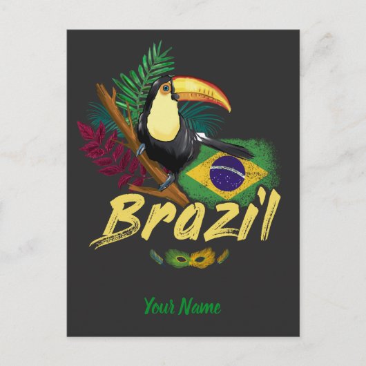 Brazilië  Toucan met vlag en masker van Samba Feestdagenkaart (Voorkant)