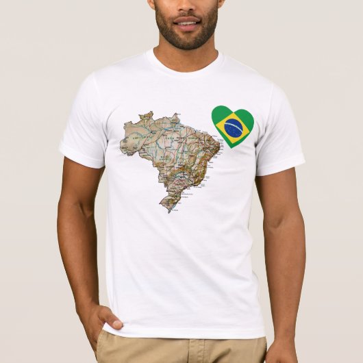Brazilië Vlaggenhart en -kaart T-Shirt (Voorkant)