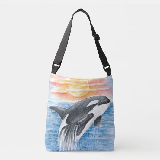 Breaching Orca Whale  Sunset Watercolor Crossbody Tas (Voorkant)