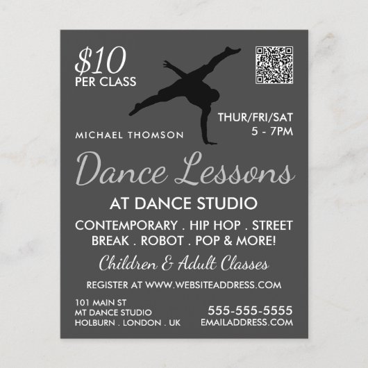 Break Dancer Silhouette, Dance Lesson Adverteren Flyer (Voorkant)