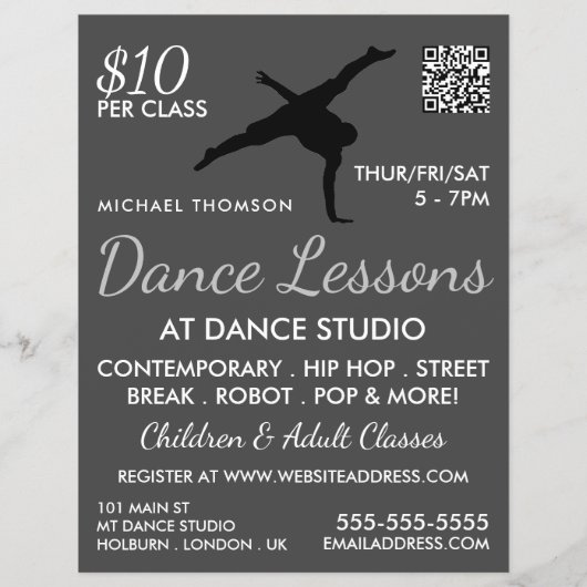 Break Dancer Silhouette, Dance Lesson Adverteren Flyer (Voorkant)