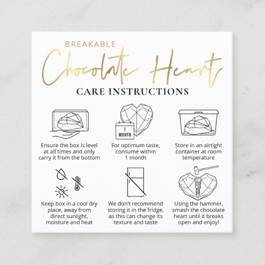 Breakable Chocolate Heart Care Guide Wit & Goud Vierkante Visitekaartje (Voorkant)