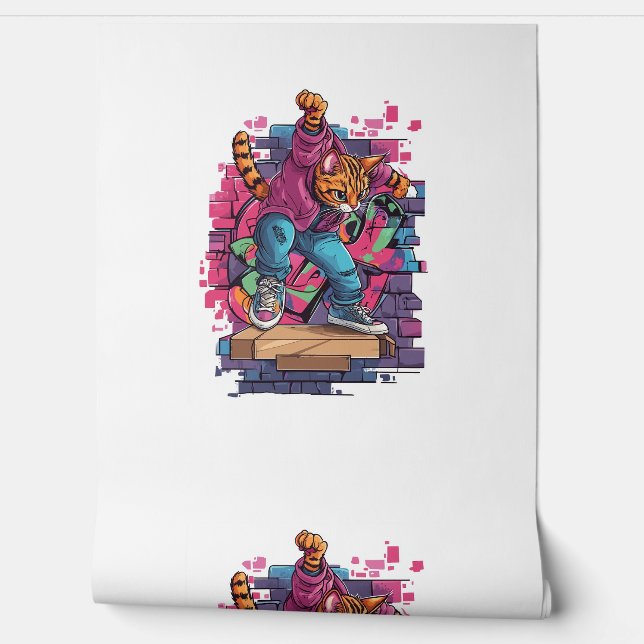Breakdance Meow – Urban Graffiti Kattendans Behang (Afrollen)